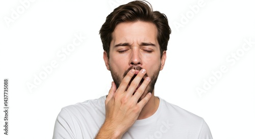 Sleepy young man yawning isolated on white background representing fatigue and drowsiness. Generative AI