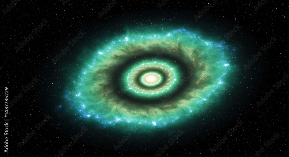 A cosmic eye nebula with swirling green and blue gases in a starry dark space background view A cosmic eye nebula with swirling green and blue gases in a starry dark space background view