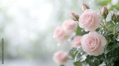 Fototapeta Naklejka Na Ścianę i Meble -  Pale Pink Roses with Water Droplets pale pink roses water droplets floral arrangement rose buds love