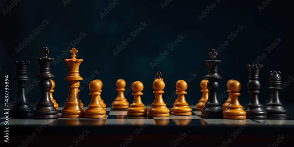 Chess pieces on a dark board, strategic game pieces arranged for battle, game, business Chess pieces on a dark board, strategic game pieces arranged for battle, game, business