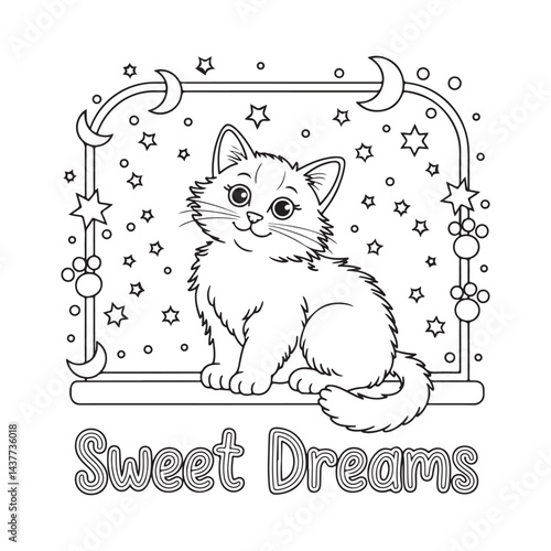 Coloring page of a cartoon kitten surrounded by colorful flowers.