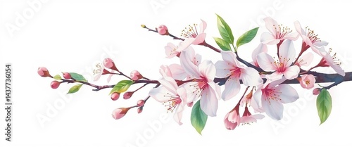 Wallpaper Mural Zarter Aquarell-Kirschblütenzweig mit rosafarbenen Blüten auf weißem Hintergrund und großzügigem Textfreiraum. Torontodigital.ca