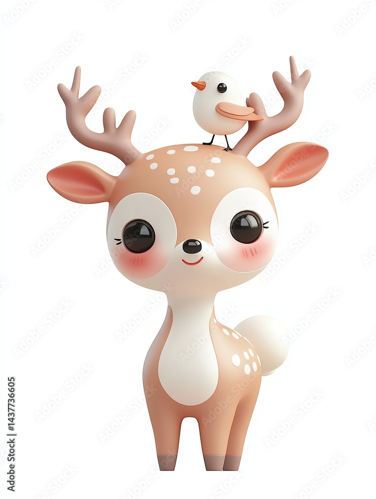 Fototapeta premium Adorable fawn with a tiny bird perched on its head, set against a clean white background. Very cute!