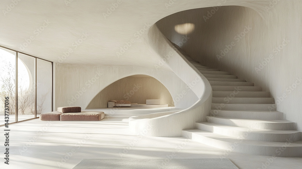 Obraz premium minimalist white concrete interior featuring curved architecture and staircase. serene
