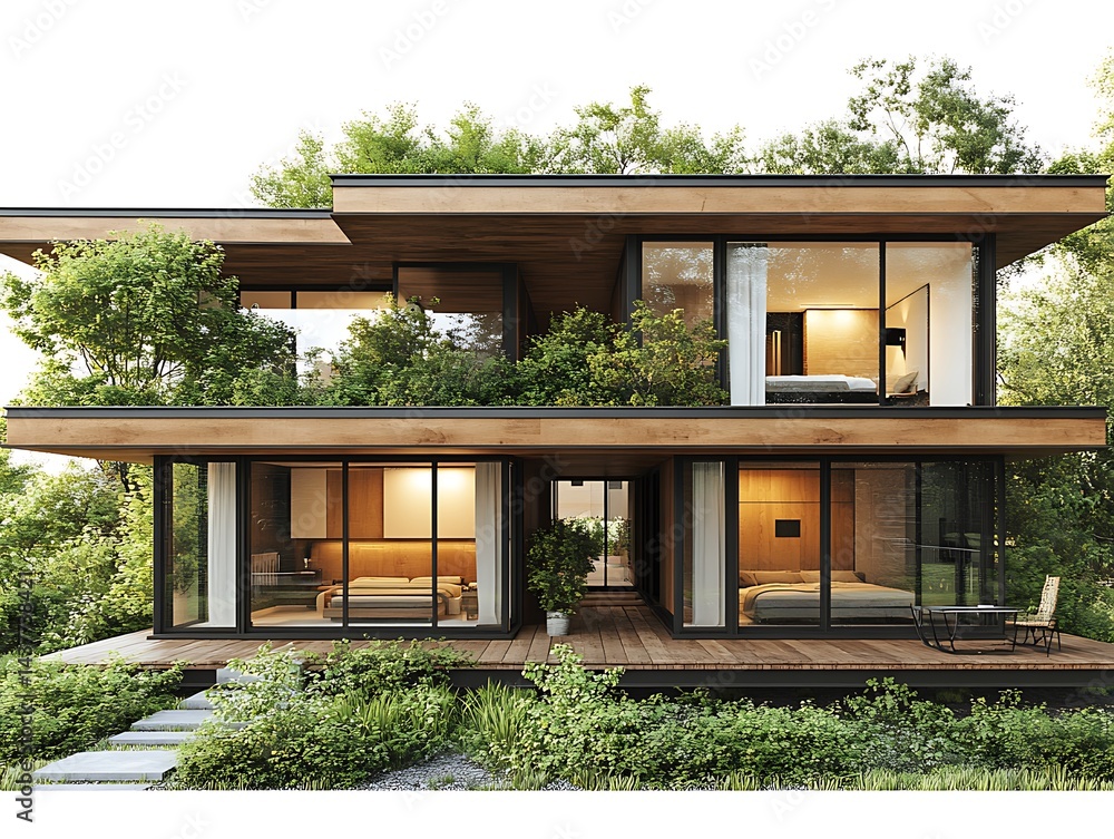 Fototapeta premium Modern, eco-friendly two-story house nestled in lush greenery
