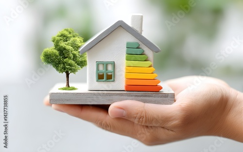 House energy efficiency, energy efficient rating class concept, eco home renovation save cost. Low-consumption ecological house. Hand holding Green Building for Sustainable Development Concept