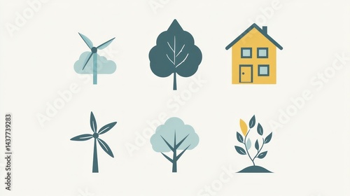 Sustainable living icons home, wind, trees