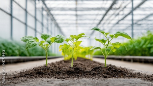 young green seedlings thrive in modern greenhouse environment, symbolizing sustainable agriculture. vibrant plants align in neat rows, highlighting innovation in indoor farming technology photo