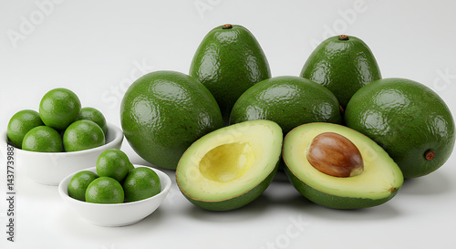 Fresh green avocados, some halved, with small green balls in white bowls, set against a plain white background