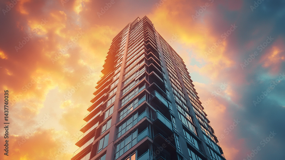 Fototapeta premium Modern high rise residential tower at golden hour with dramatic sky