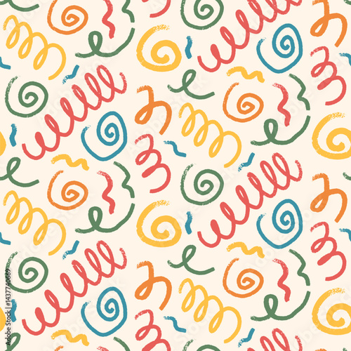 Birthday party seamless pattern template. Spirals and swoosh lines geometric party background. Fun confetti repeat covering. Surface pattern design kids holiday motif. Vector hand drawn illustration.