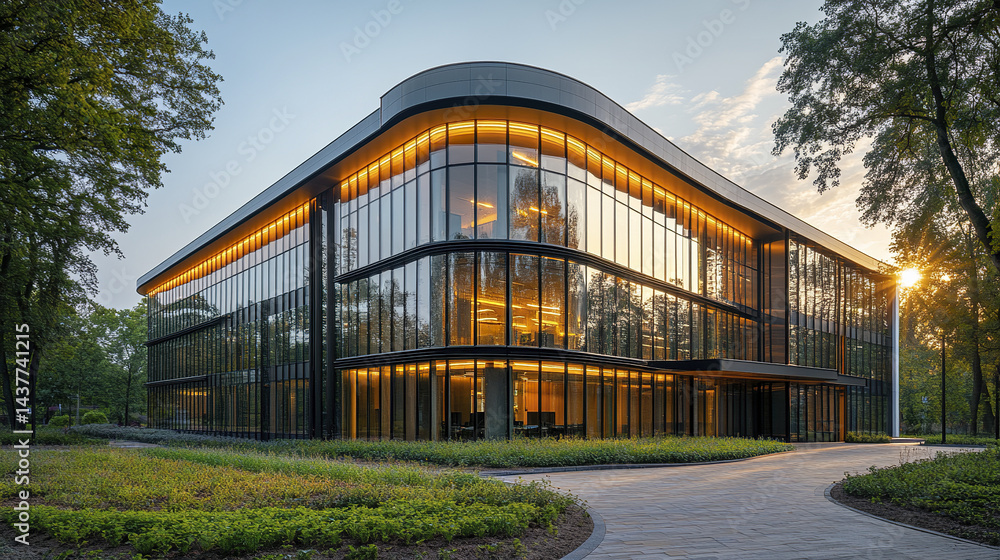 Modern office building with glass facade reflecting trees and sunset, creating serene atmosphere Modern office building with glass facade reflecting trees and sunset, creating serene atmosphere