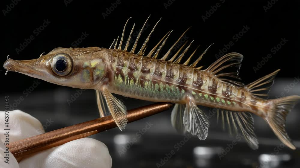 Close up of a brown tube mouth fish held by a gloved hand. Detailed view of unique fish features and anatomy under scientific examination. Close up of a brown tube mouth fish held by a gloved hand. Detailed view of unique fish features and anatomy under scientific examination.