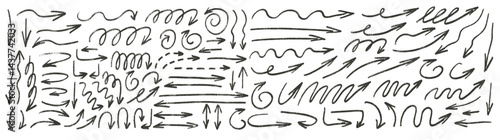 Irregular arrows charcoal drawn. Straight and curved thin pointers doodle elements set. Scribble freehand arrow marker Vector illustration by pencil. Grunge chalk freehand graphic on white background.