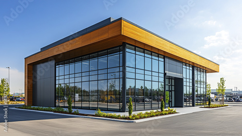 Wallpaper Mural Modern commercial building with large glass windows and wooden accents, showcasing contemporary Torontodigital.ca