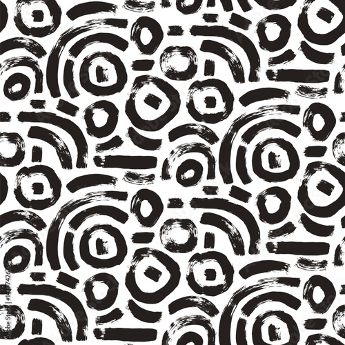Circular lines brush seamless pattern. Paint stroke endless background. Abstract curved shapes textured repeat Surface pattern design geometric motif. Vector hand drawn flat illustration.