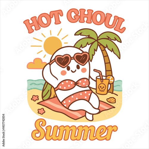 Hot Ghoul Summer - Trendy Summerween T-shirt Design Vector  , Tropical Nature Scene Tees, Summer Vibes Illustration
