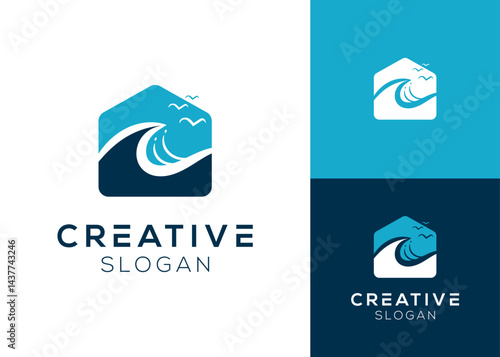 House with waves and birds logo design for coast and villas