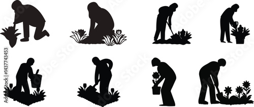 Gardener Silhouette Digging Flowers.