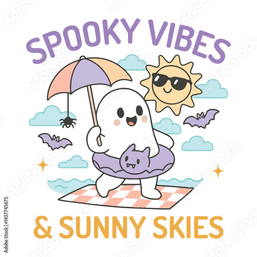 Spooky Vibes & Sunny Skies  - Trendy Summerween T-shirt Design Vector, Tropical Nature Scene Tees, Summer Vibes Illustration
