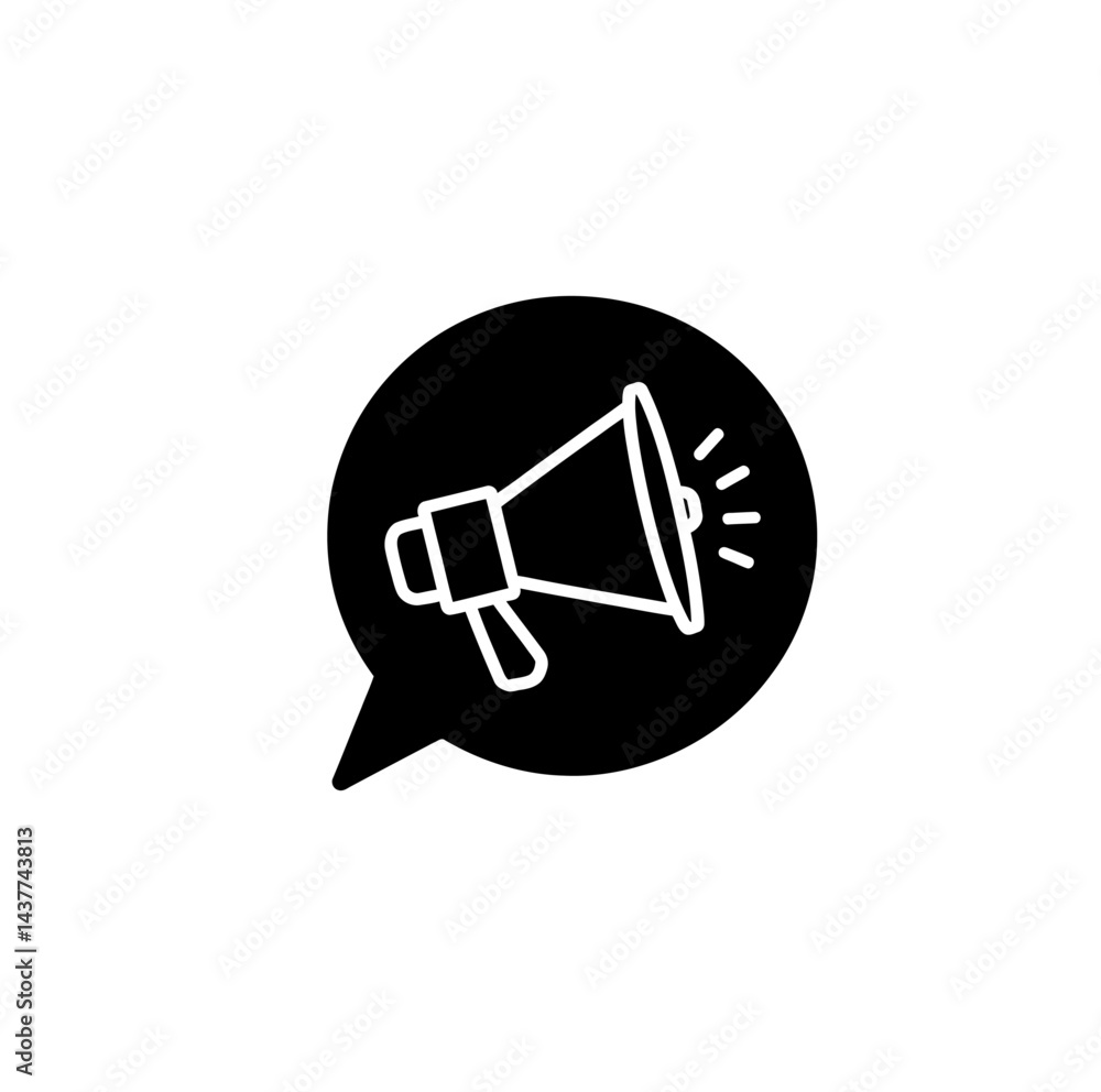 Loudspeaker with sound wave in pop-up bubble icon vector in black color on white background. Loudspeaker with sound wave in pop-up bubble icon vector in black color on white background.