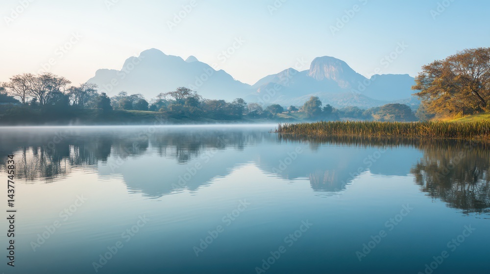 Fototapeta premium Misty mountains reflected in glassy water