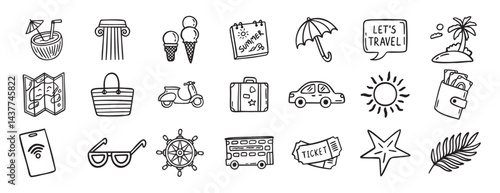 travel doodle hand drawn icon set. Outline drawing travel tourism line clipart symbols
