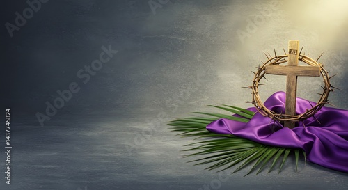 Wooden Cross Crown of Thorns Palm Sunday Lent Holy Week Religious Faith Symbol