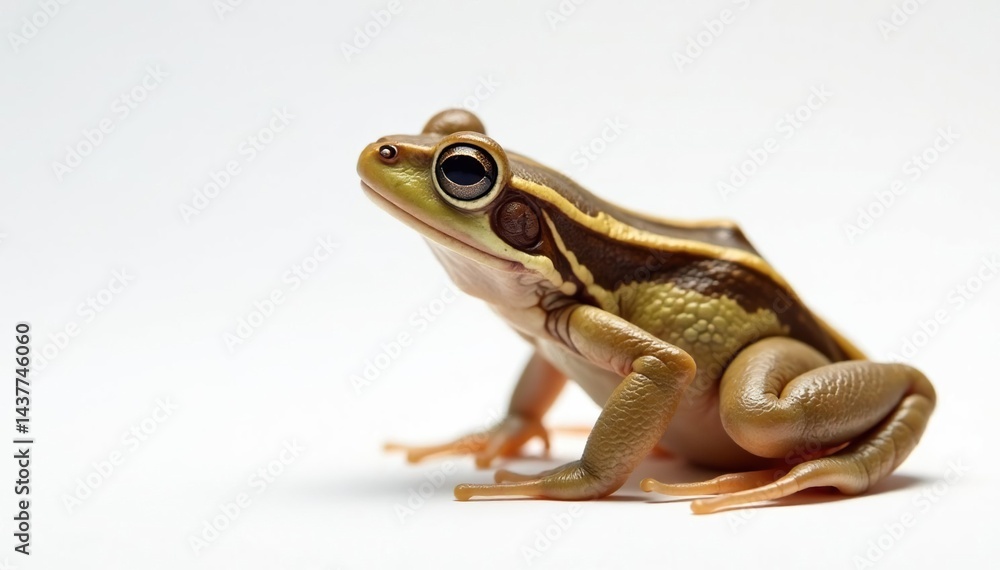 Obraz premium Small brown frog, side profile, clean white backdrop , closeup, side view