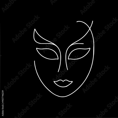 Minimalist outline of female face mask on black background, one line vector outline