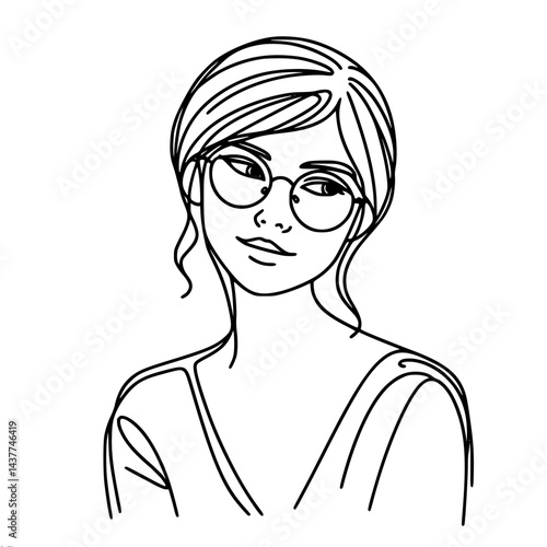 Elegant woman in glasses looking thoughtfully in a minimalistic style, single line outline vector  