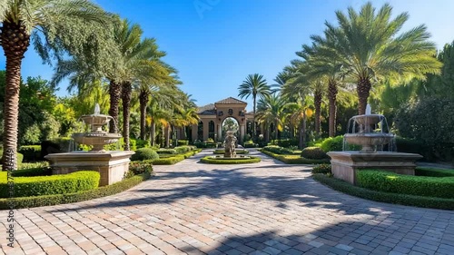 Luxury Estate Entrance with Palm Trees.