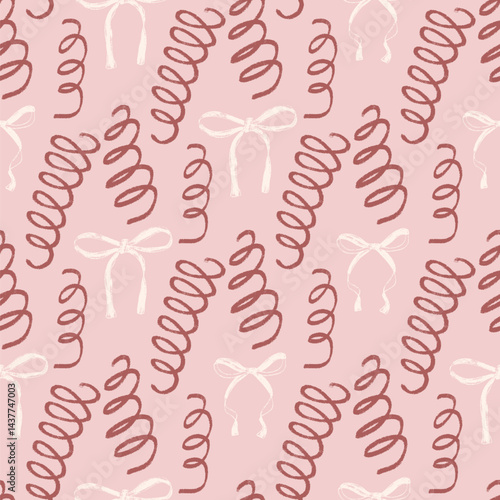 Coquette bows and confetti seamless pattern. Retro bowknotes girly endless background. Gift ribbons repeat cover. Party crayon drawn continuous ornament. Vector hand drawn illustration.