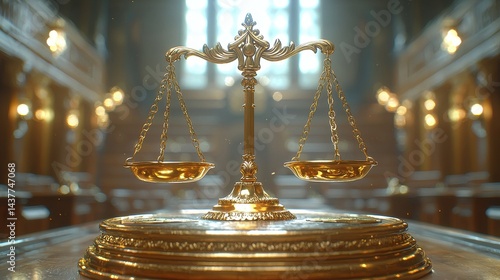 Golden Scales of Justice in a Law Court Setting with Dramatic Lighting