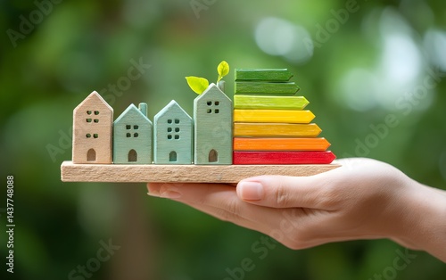 House energy efficiency, energy efficient rating class concept, eco home renovation save cost. Low-consumption ecological house. Hand holding Green Building for Sustainable Development Concept