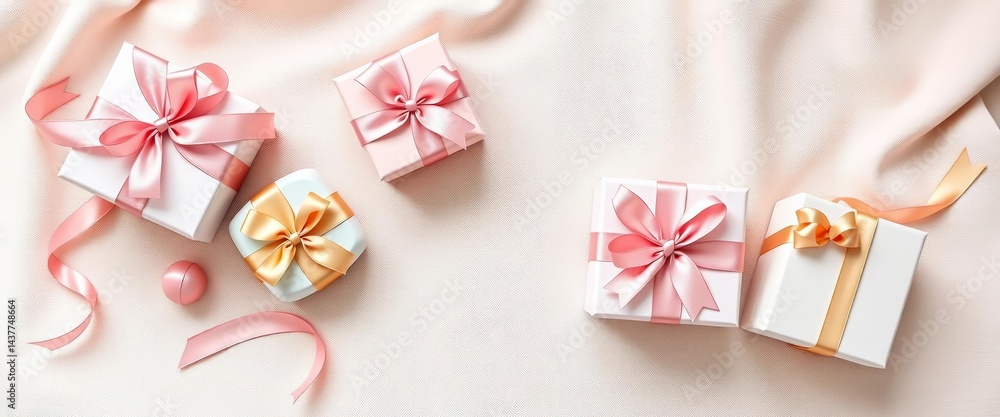 Delicate pastel gift boxes with elegant ribbons arranged on soft textured surface, beautiful, festive Delicate pastel gift boxes with elegant ribbons arranged on soft textured surface, beautiful, festive