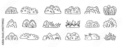 Bushes doodle hand drawn line icon set. Bushes clipart outline
