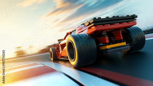 Dynamic low angle shot of a meticulously assembled racing car speeding around a track