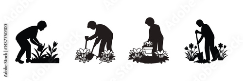 Gardener Silhouette Digging Flowers.