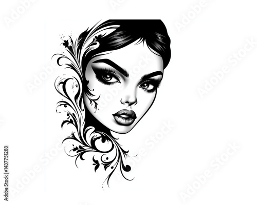 Striking woman with swirling hair details confidently staring against a white background with copy space