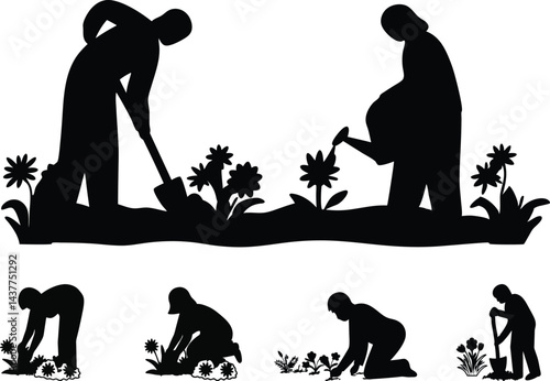 Gardener Silhouette Digging Flowers.