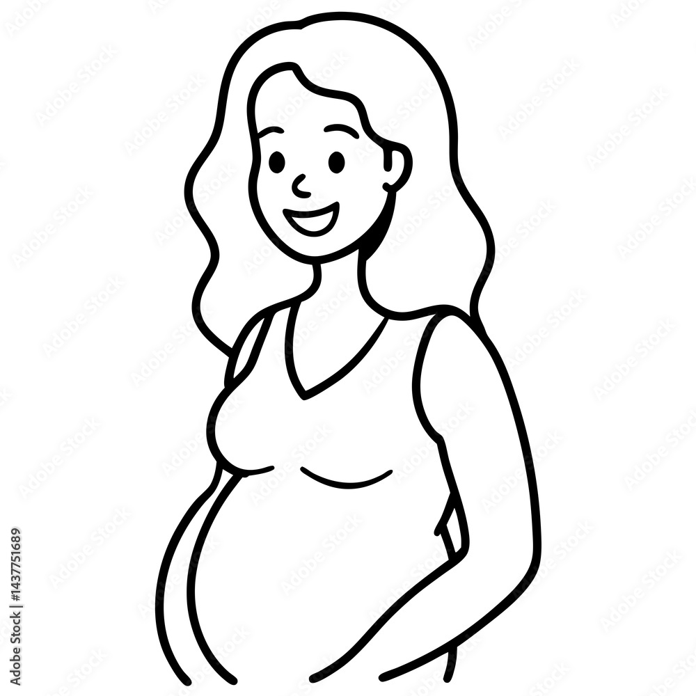 One line drawing of happy pregnant woman on a white background One line drawing of happy pregnant woman on a white background