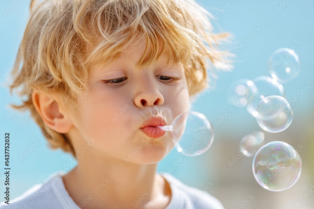 Child blowing bubbles in a sunny outdoor setting, capturing the joy and innocence of childhood playfulness, fun, and imagination, bubble play concept Child blowing bubbles in a sunny outdoor setting, capturing the joy and innocence of childhood playfulness, fun, and imagination, bubble play concept