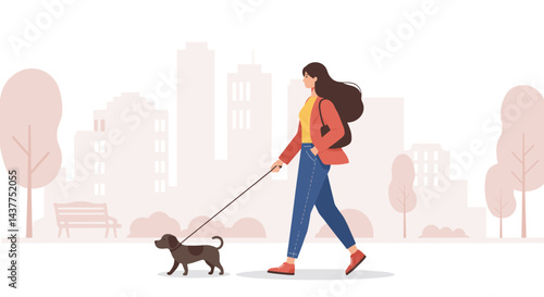 Woman walking with dog in urban setting  