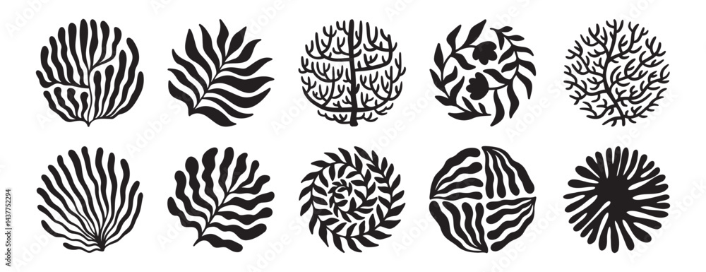 Round organic flower elements set. Trendy circle floral coral shapes and wavy curves. groovy outlines and naive art blossom boho decor