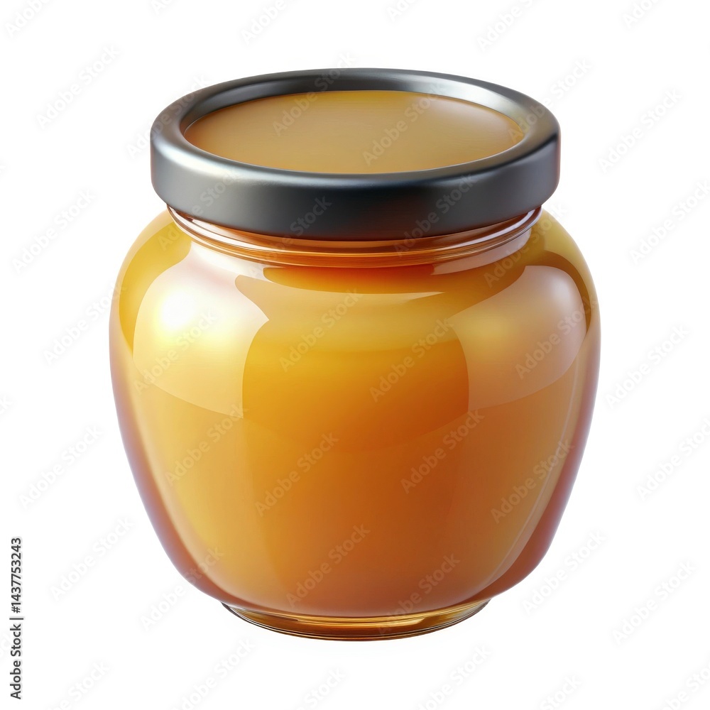 Elegant glass jar filled with golden liquid displayed on a clean surface, perfect for culinary use or as a decorative item Elegant glass jar filled with golden liquid displayed on a clean surface, perfect for culinary use or as a decorative item