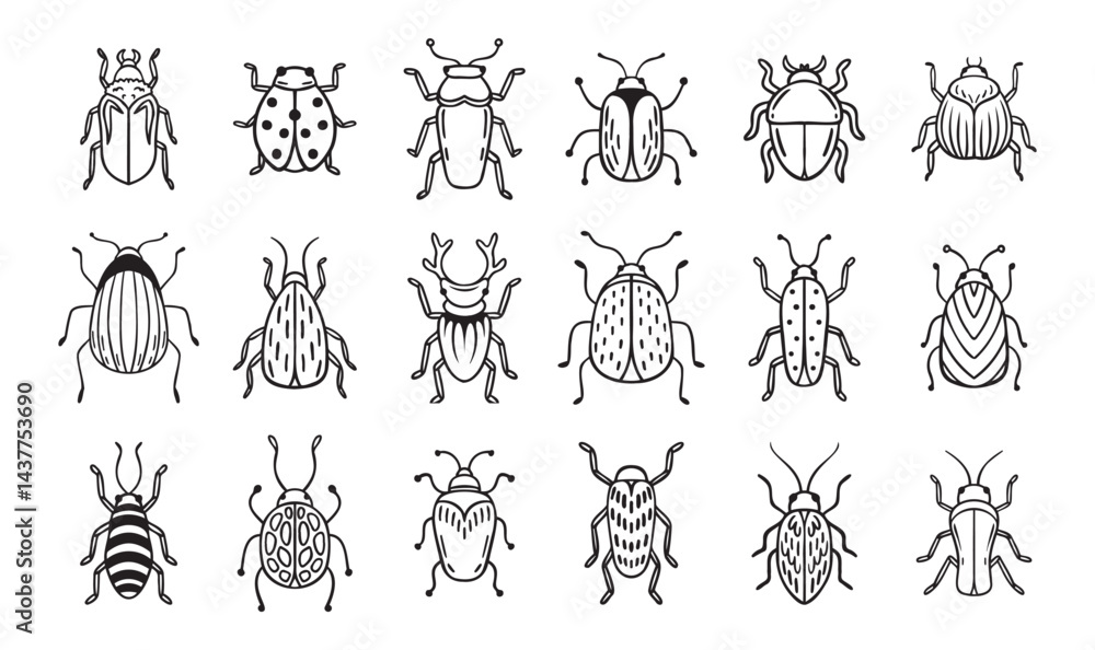 Obraz premium Garden bugs hand drawn outline doodle icon set. Garden bugs drawing elements simple line beetle clipart