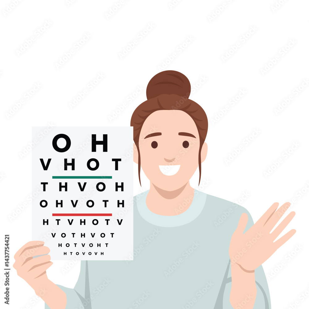 Woman holds up an eye test chart, promoting vision care and eye health awareness. Flat vector illustration isolated on white background Woman holds up an eye test chart, promoting vision care and eye health awareness. Flat vector illustration isolated on white background