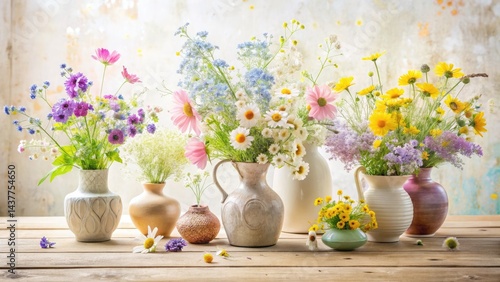Delicate Wildflowers in Ceramic Vases - Charming Spring Tabletop Photography