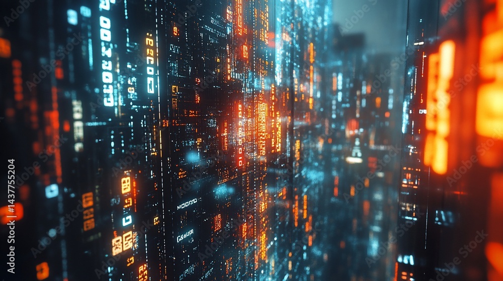 Obraz premium Dense city scape. Futuristic neon lights create dynamic perspective